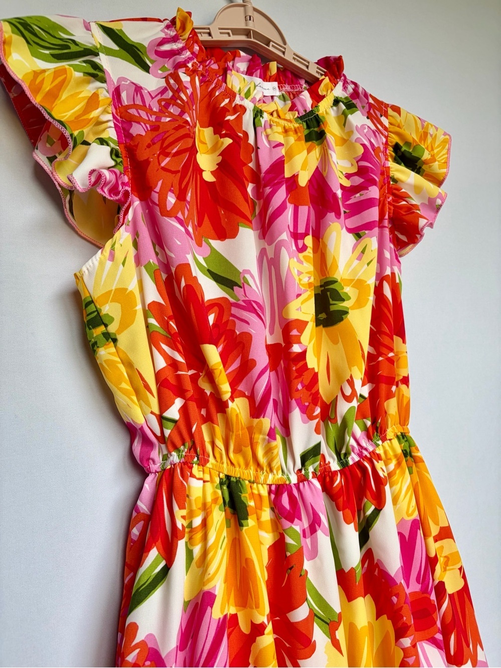 Ces Femme Womens M Bright Floral Dress Flutter Sleeve Tiered Resort - Picture 13 of 15